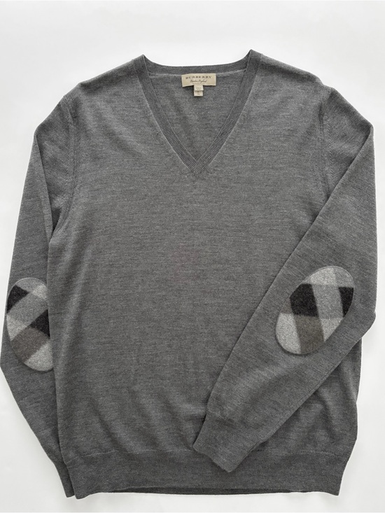 Burberry Other - Burberry Men’s XL Charcol 100% Wool V-Neck Sweater Nova Check Elbow Patch